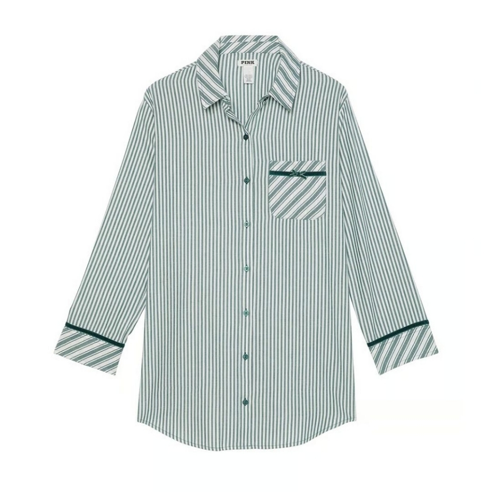 PINK Victoria's Secret Green Striped Flannel Velvet-Trim Sleepshirt XS ๐ - Picture 3 of 3